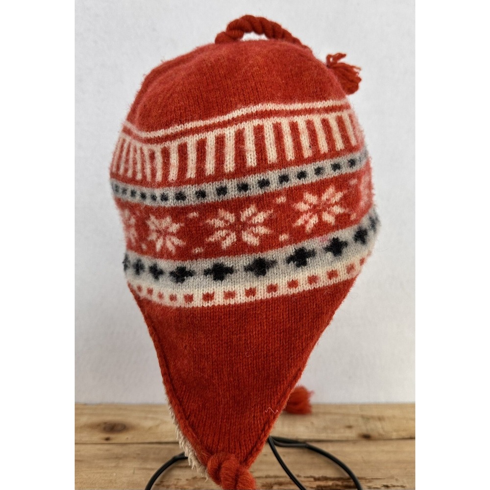 Lands' End Beanie Lambs Wool Blend Kids Sz L Orange Fleece Lined